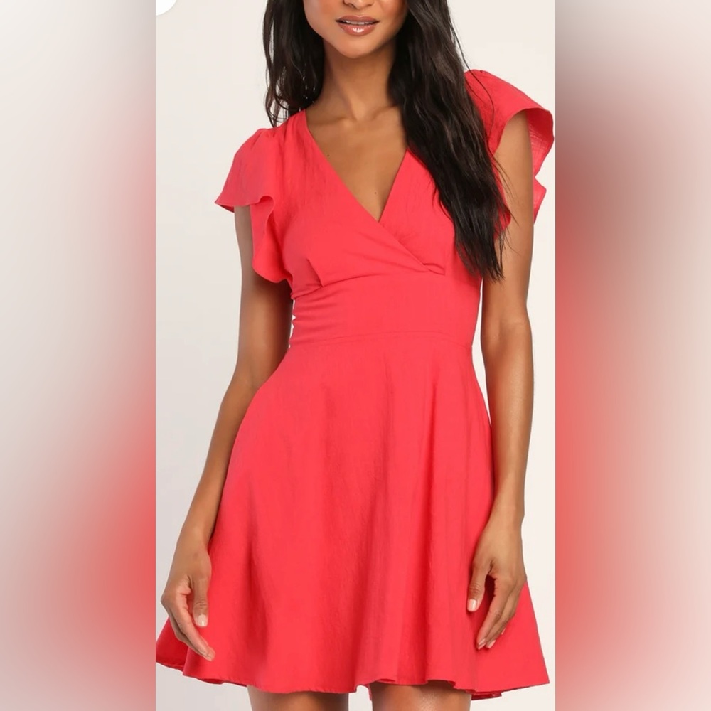 Lulu's Red/coral Ruched Flutter Sleeve Mini Dress with pockets!